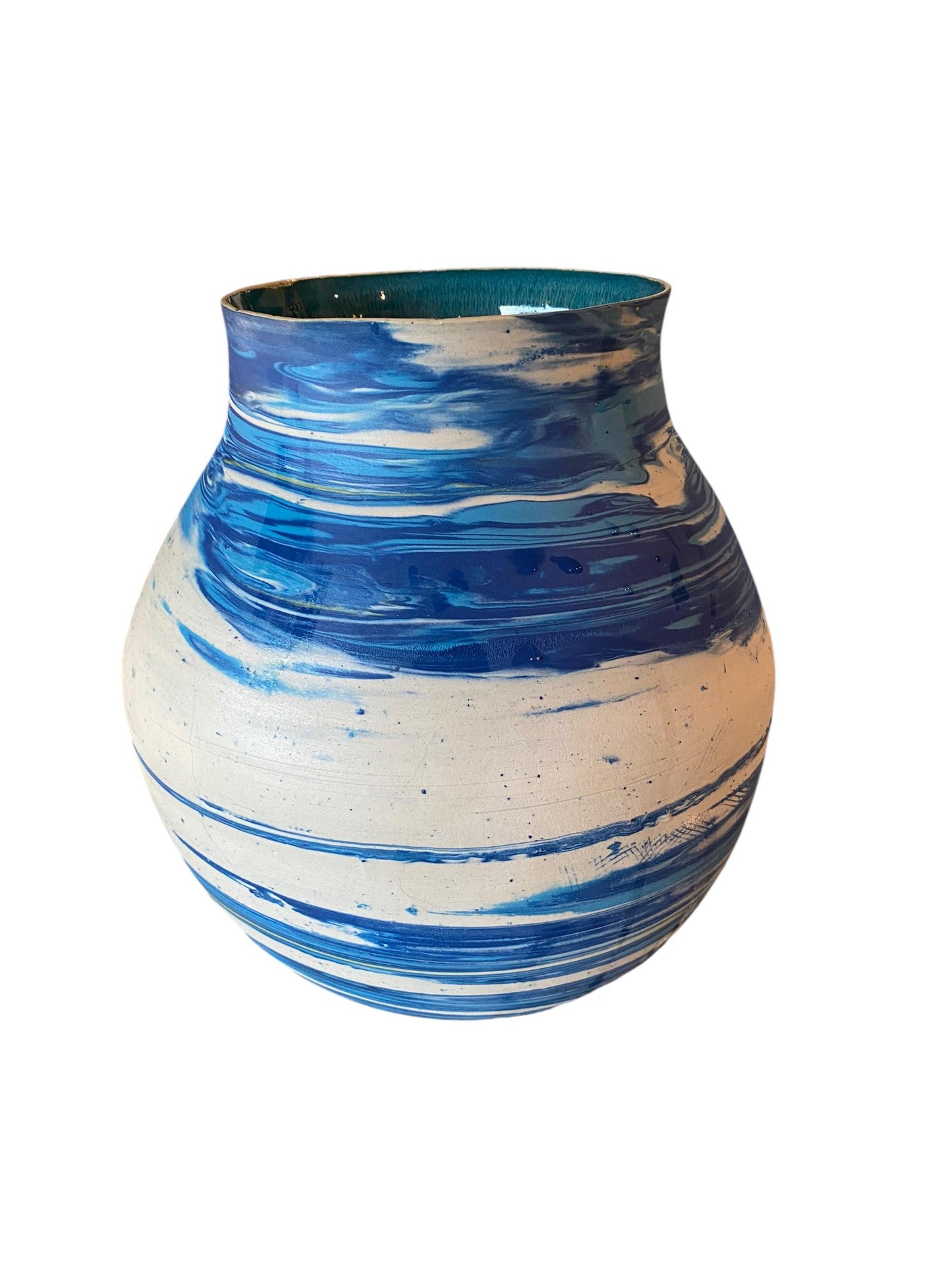 Extra Large Hand-Thrown Carved Agateware Turquoise Vase With The Interior Glazed Reactive Turquoise