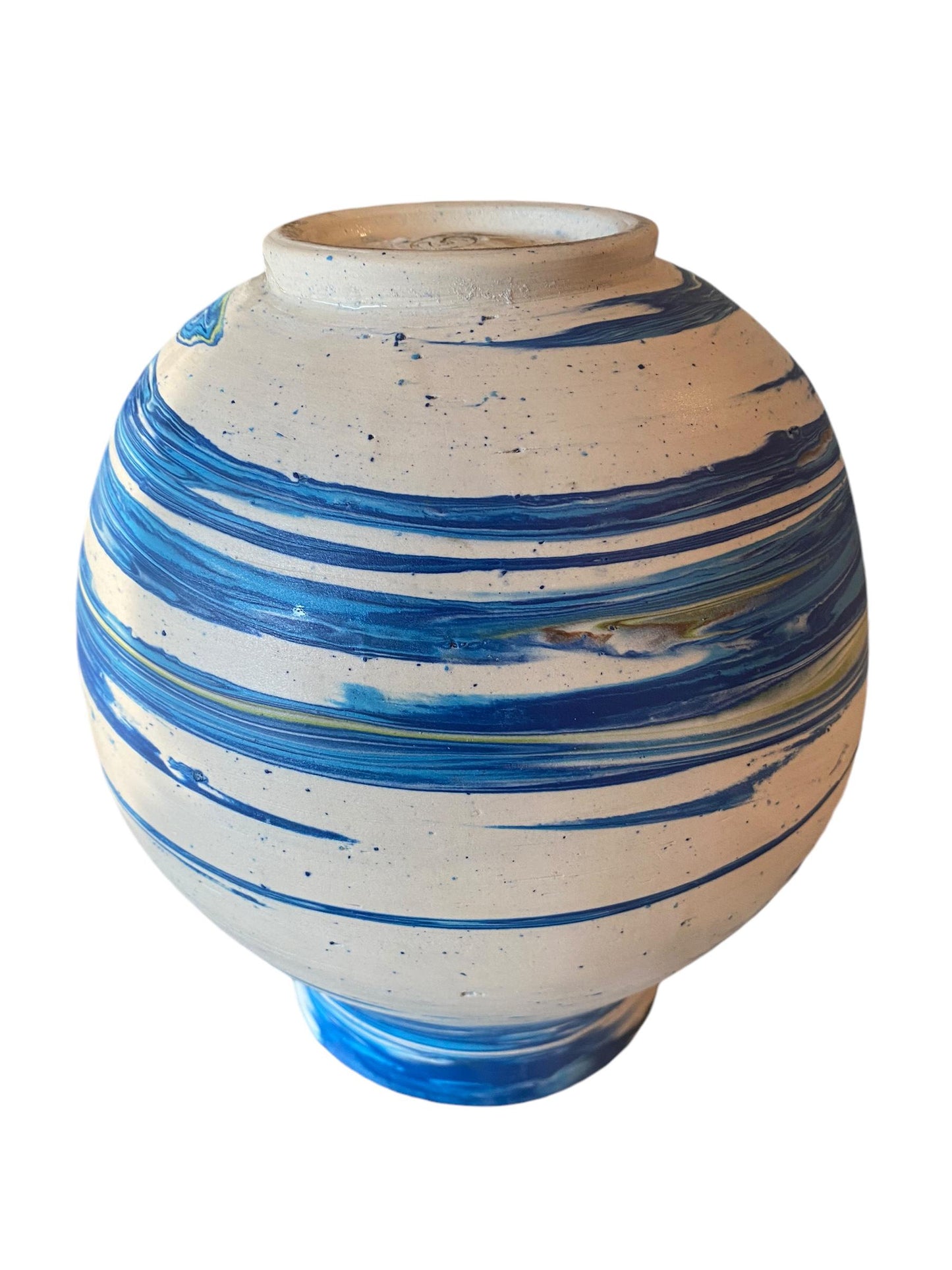 Extra Large Hand-Thrown Carved Agateware Turquoise Vase With The Interior Glazed Reactive Turquoise