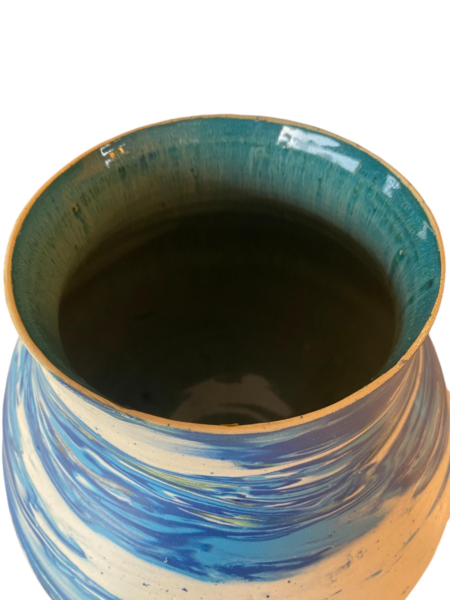 Extra Large Hand-Thrown Carved Agateware Turquoise Vase With The Interior Glazed Reactive Turquoise