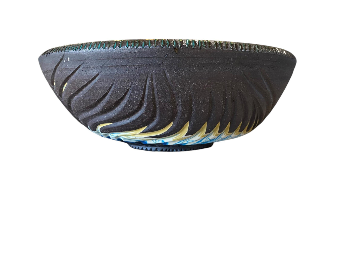 Agateware Pottery Serving Bowl: Large Handmade Stoneware, Blue Interior