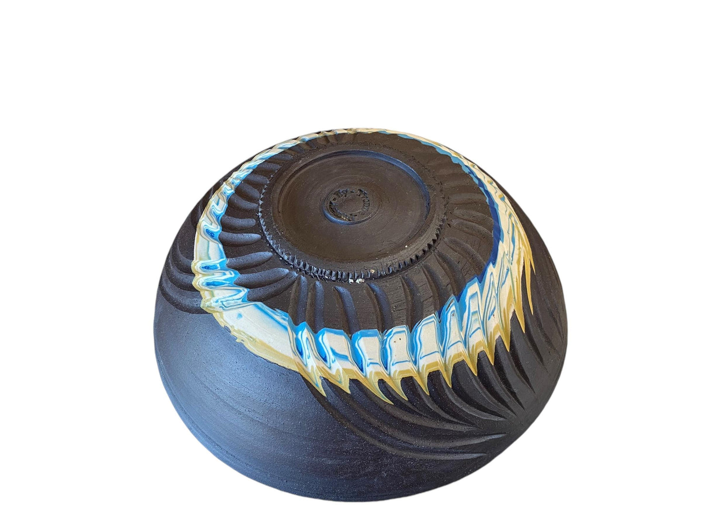 Agateware Pottery Serving Bowl: Large Handmade Stoneware, Blue Interior