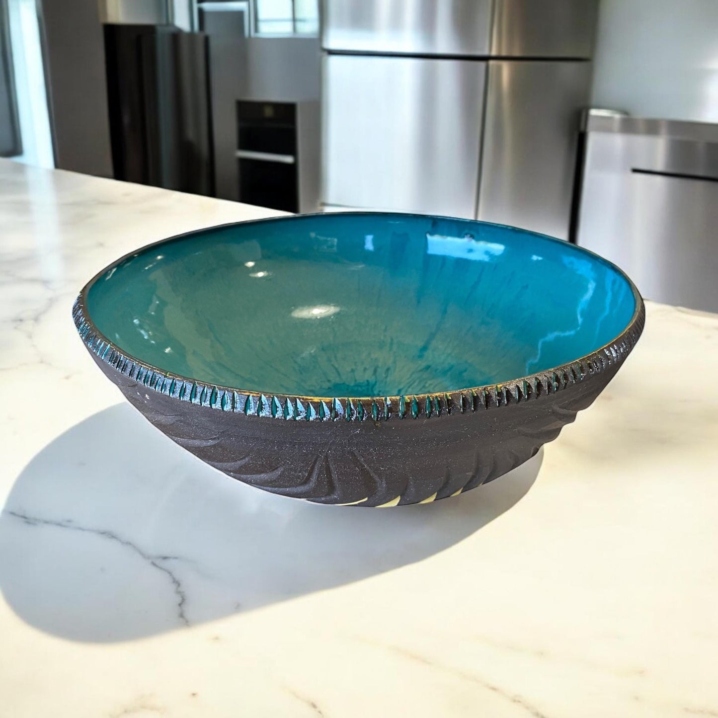 Agateware Pottery Serving Bowl: Large Handmade Stoneware, Blue Interior