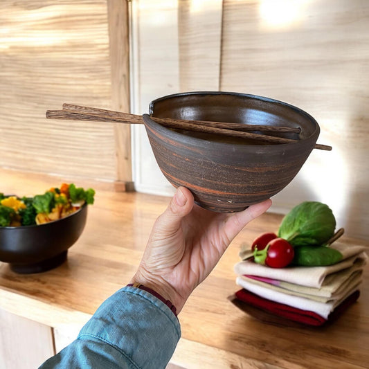 Small Agateware Rice Bowl with Coordinating Chopsticks - Asian Dining Essentials for Noodle Soup