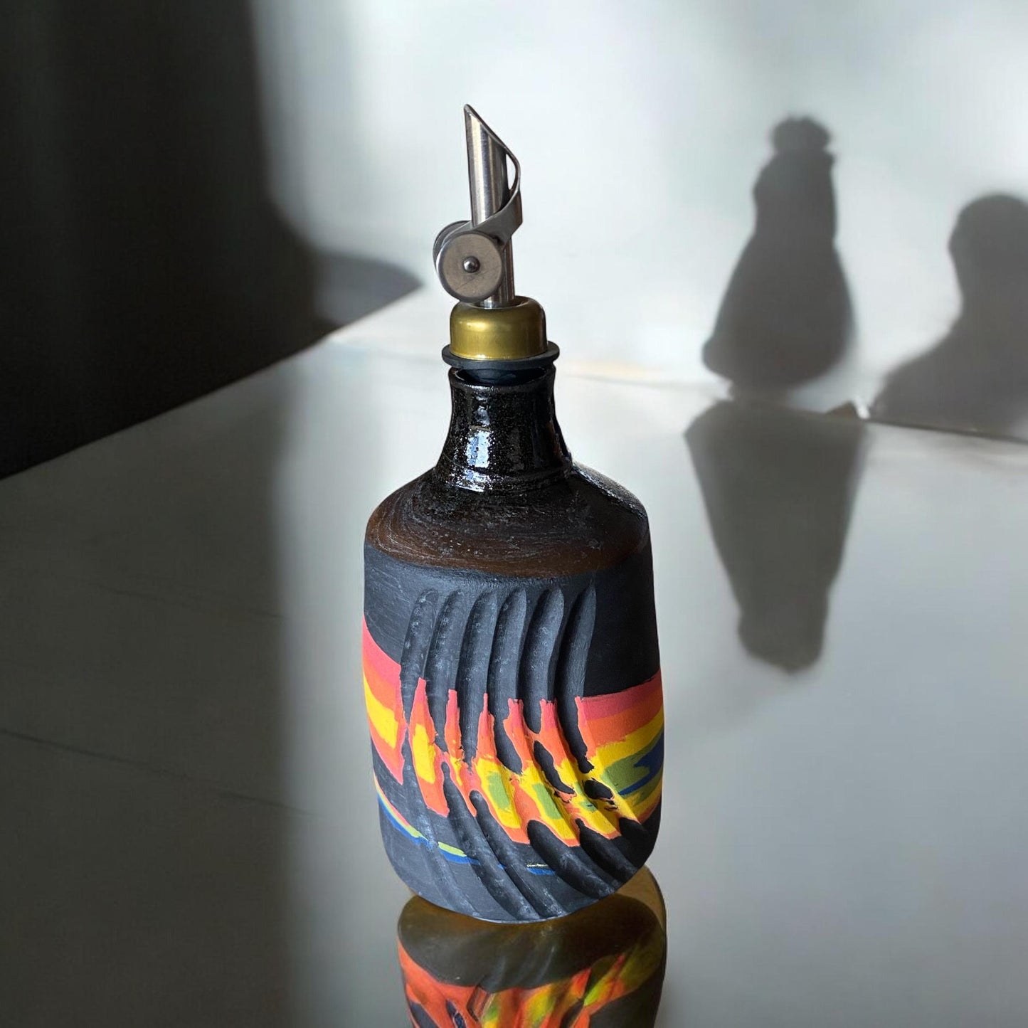 Handmade Agateware with Rainbow Colors - Ceramic oil bottle with pour spout - Suitable for Storage Oil, Vinegar & Coffee Syrups