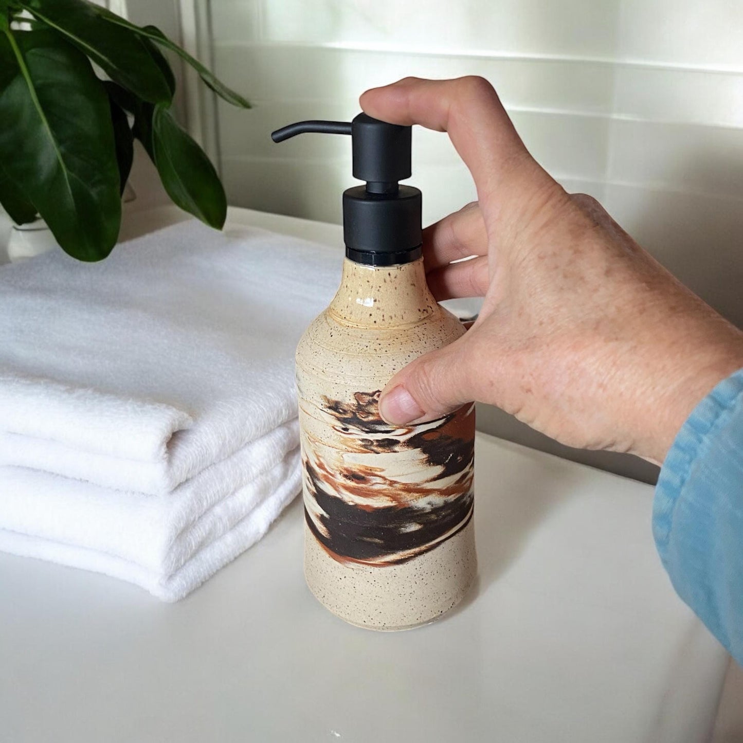 Agateware Soap Bottle Dispenser - Handmade Kitchen Soap & Lotion Pump - Unique Pottery Bathroom Decor