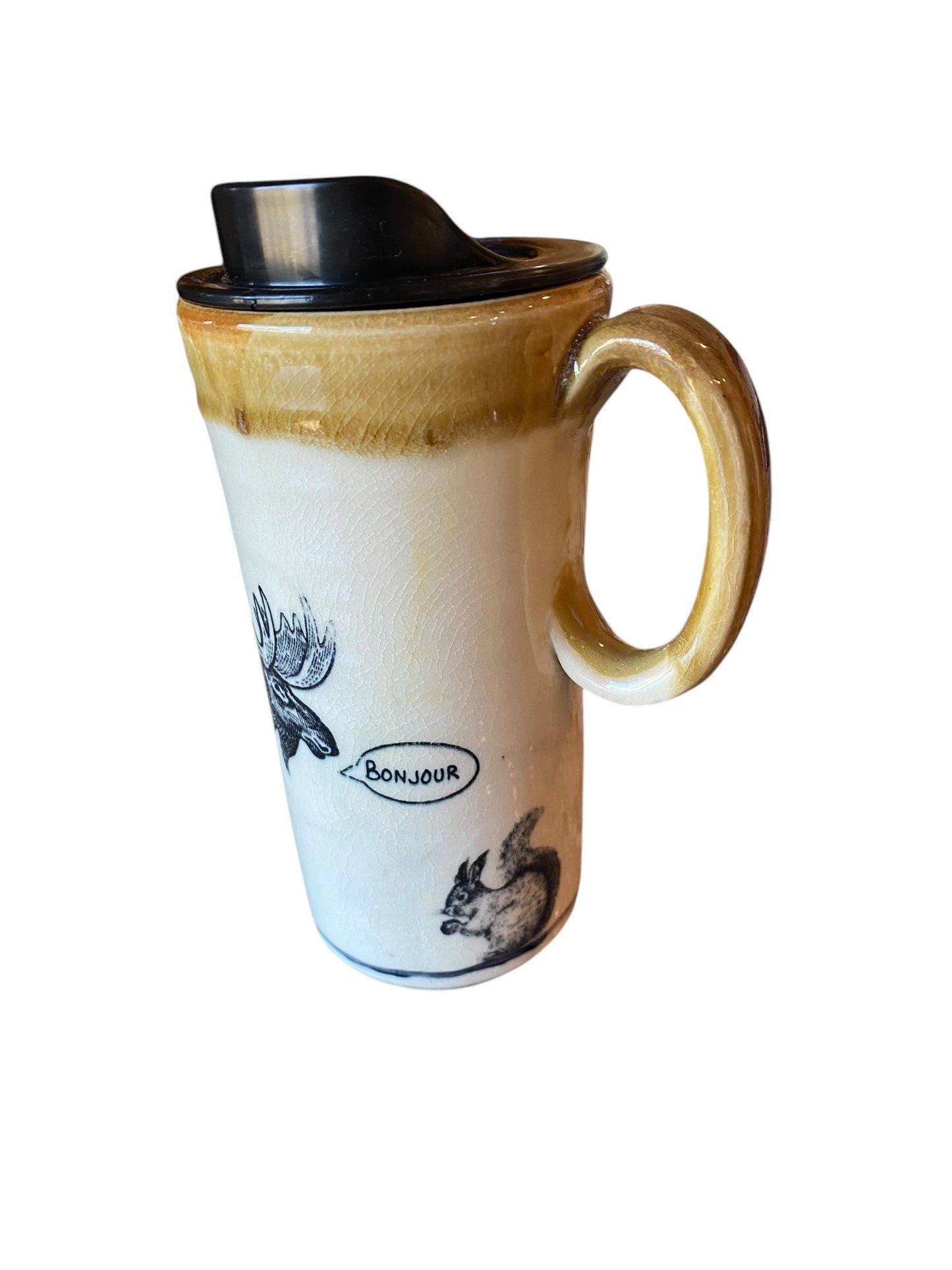 Handmade 16 Ounce Moose and Squirrel Travel Mug - French Moose Travel Mug