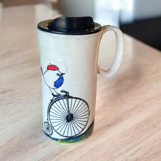 16 Ounce Travel Mug with Locking Lid Embellished with a French Bird on a Bike