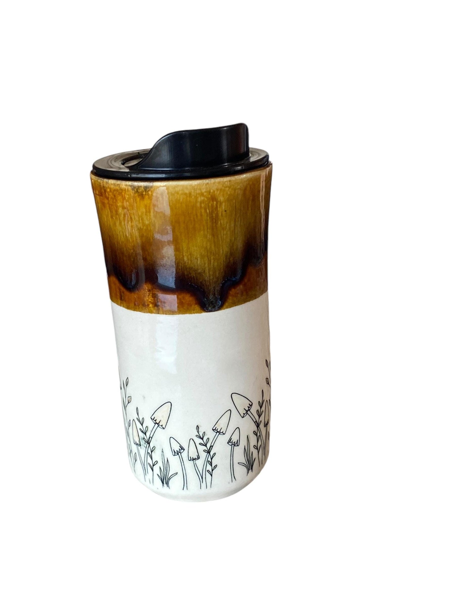 Handmade 16-Ounce Travel Mug with Locking Lid - Whimsically Embellished with Mushrooms for a Unique On-the-Go Experience