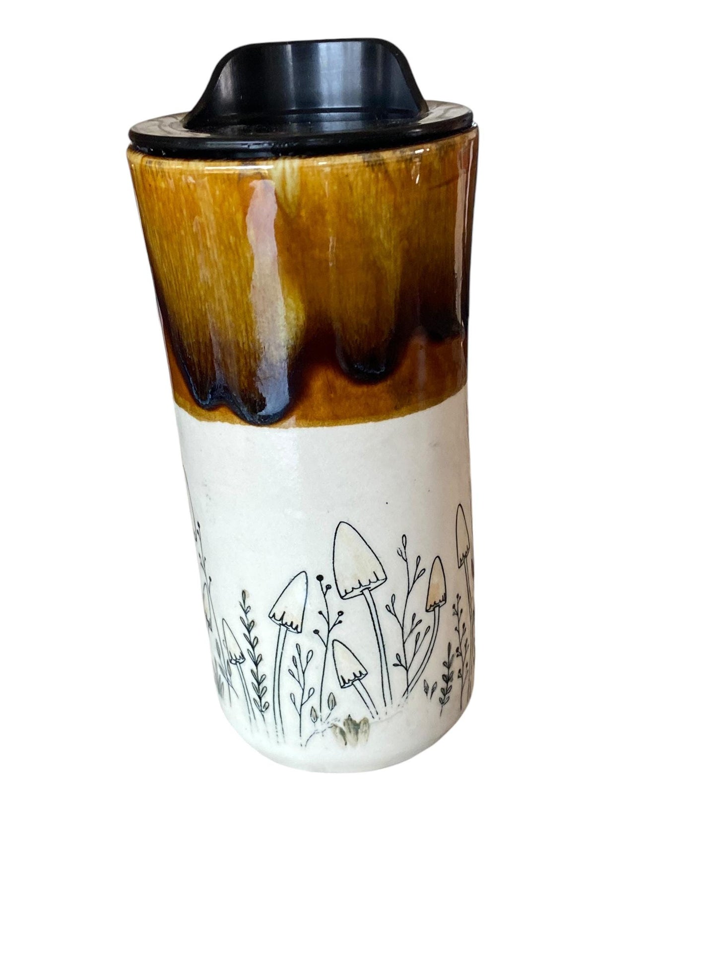 Handmade 16-Ounce Travel Mug with Locking Lid - Whimsically Embellished with Mushrooms for a Unique On-the-Go Experience