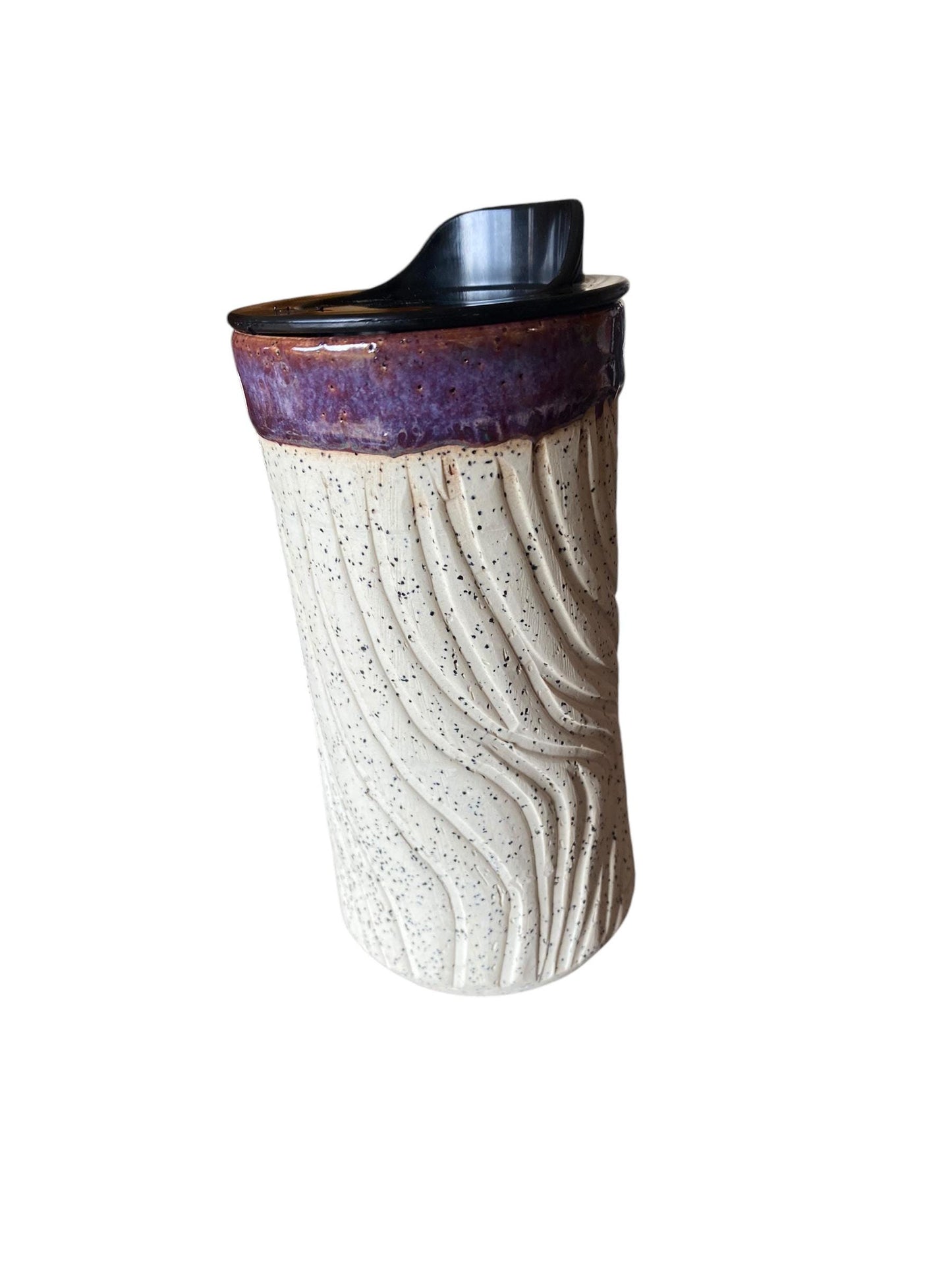 Handmade 16 Ounce Agateware Travel Mug With Reactive Purple Glaze - Agateware -  Travel Coffee Cup -  Travel Mug - Pottery Mug - Coffee Mug