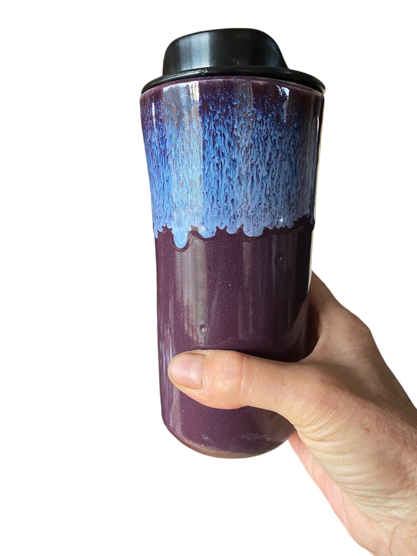 Handmade 16-Ounce Reactive Purple Waterfall Glazed Travel Mug - To Go Mug With Locking Lid