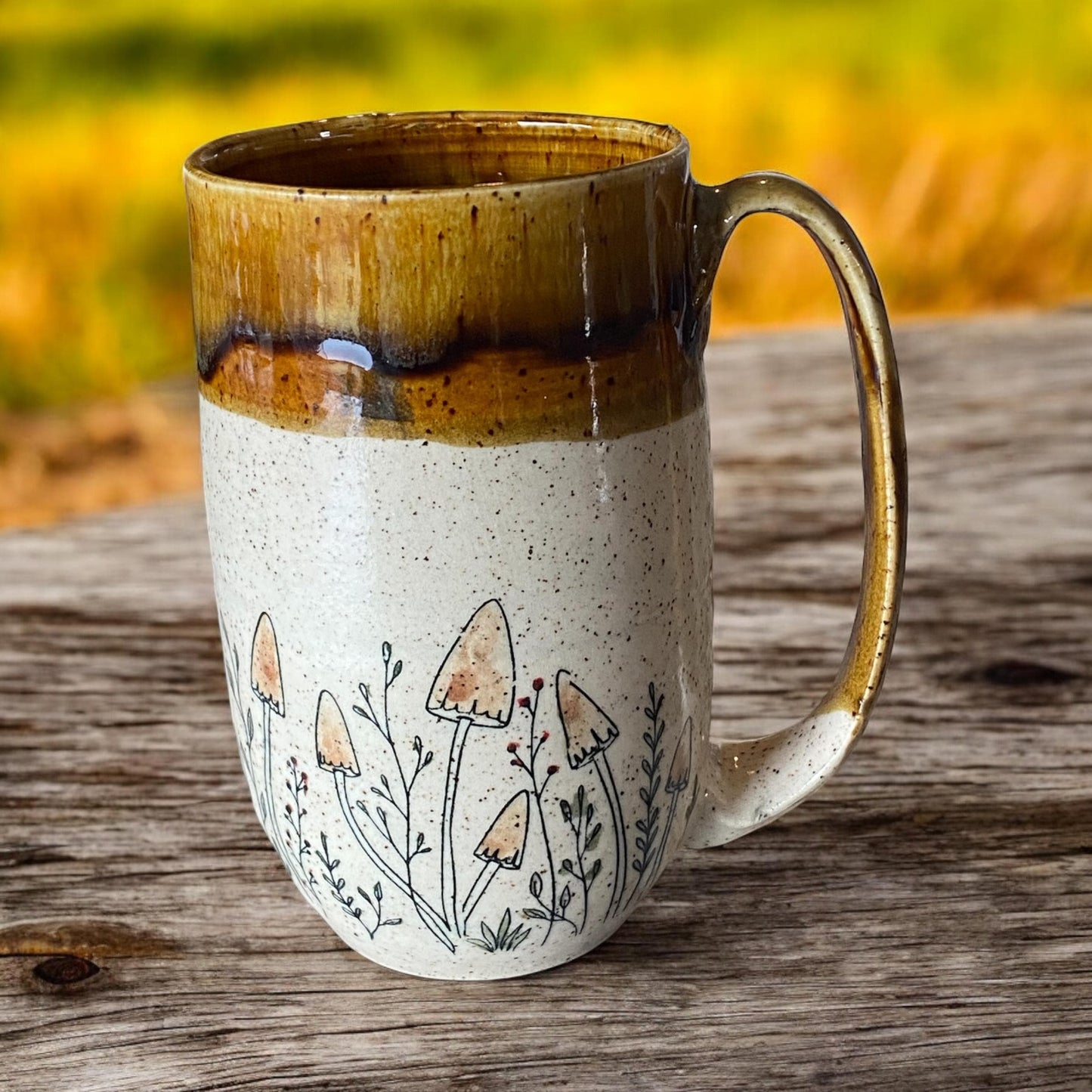 Large Handmade Mug - 18 ounce - with a Cluster of Mushrooms - Unique Pottery Coffee Mug