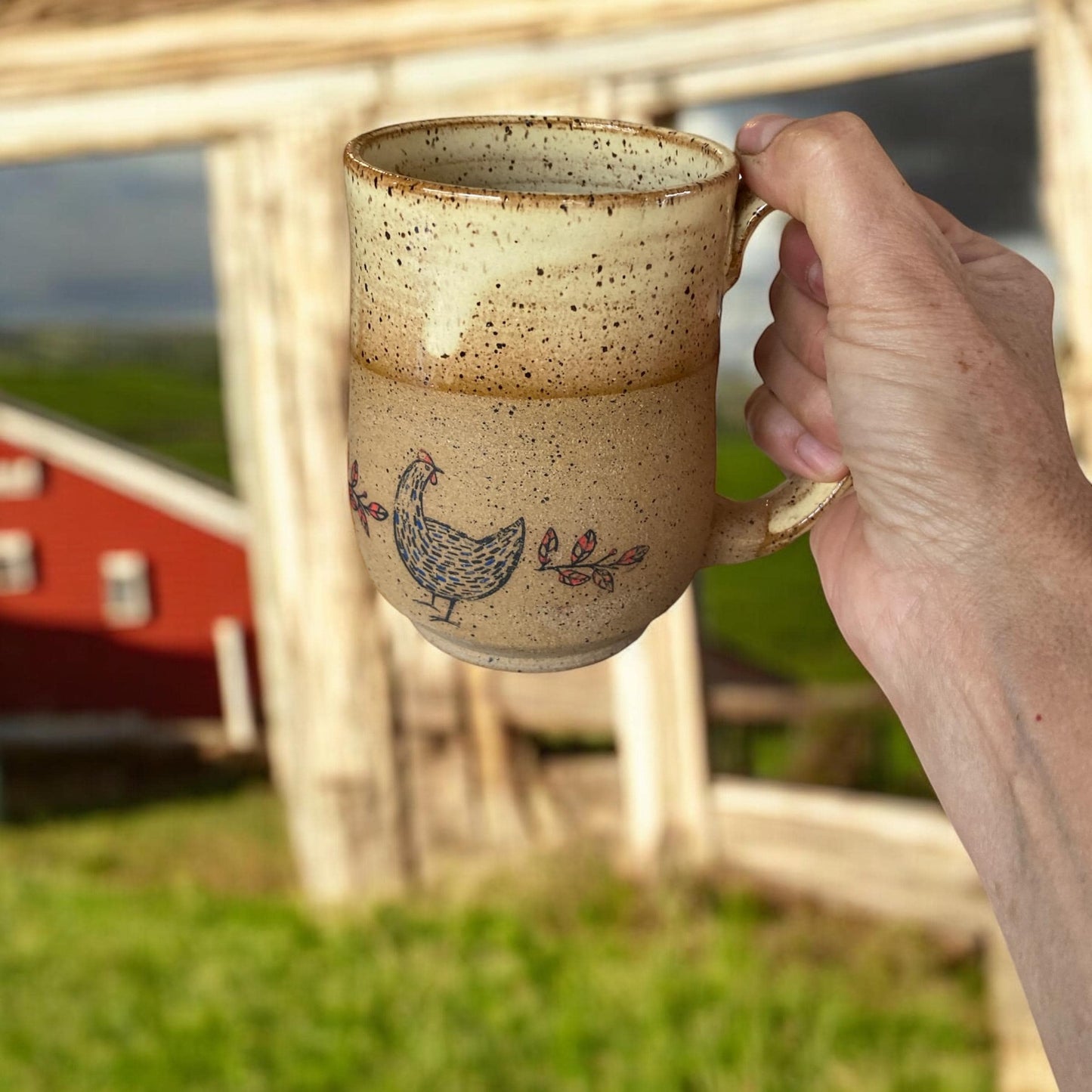 Large Handmade Mug with Farm Chickens - 18 ounce  - Unique Pottery Coffee Mug