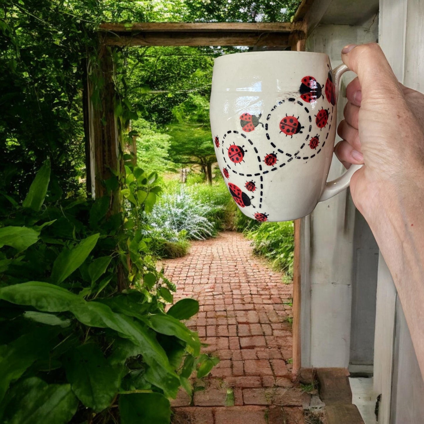 Large Handmade Mug with Ladybugs - 18 ounce  - Unique Pottery Coffee Mug