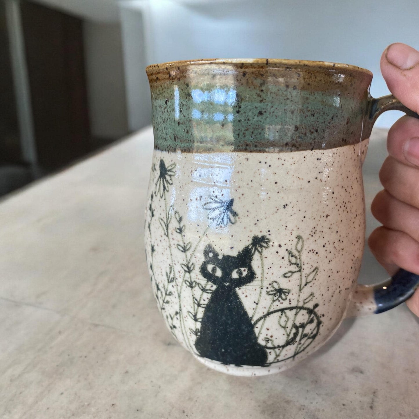 Large Handmade Mug with a Playful Black Cat - 18 ounce  - Unique Pottery Coffee Mug