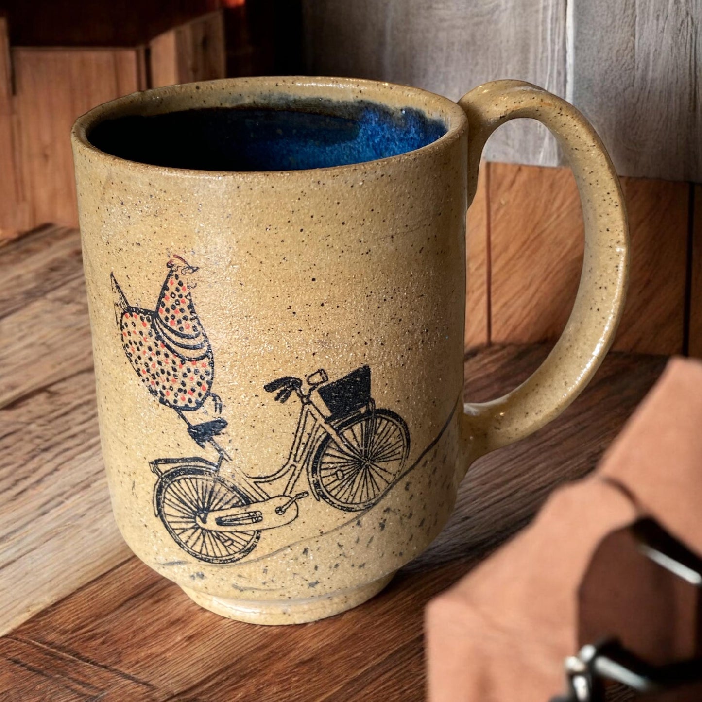 Large Handmade Mug with A Chicken Riding a Bike - 18 ounce  - Unique Pottery Coffee Mug