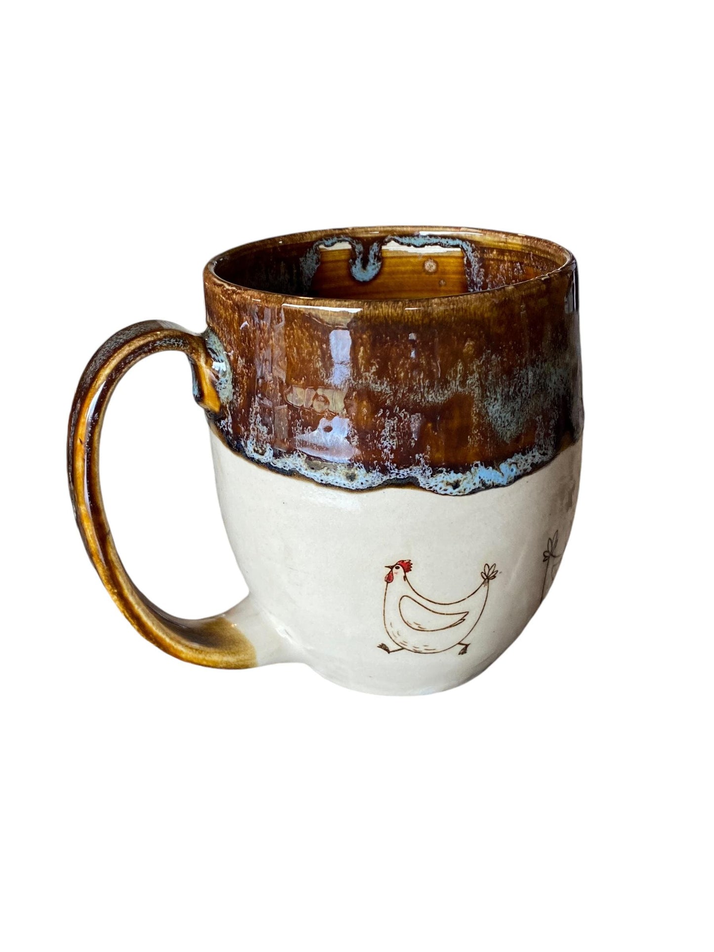 Large Handmade Mug with Playful Chickens - 18 ounce  - Unique Pottery Coffee Mug