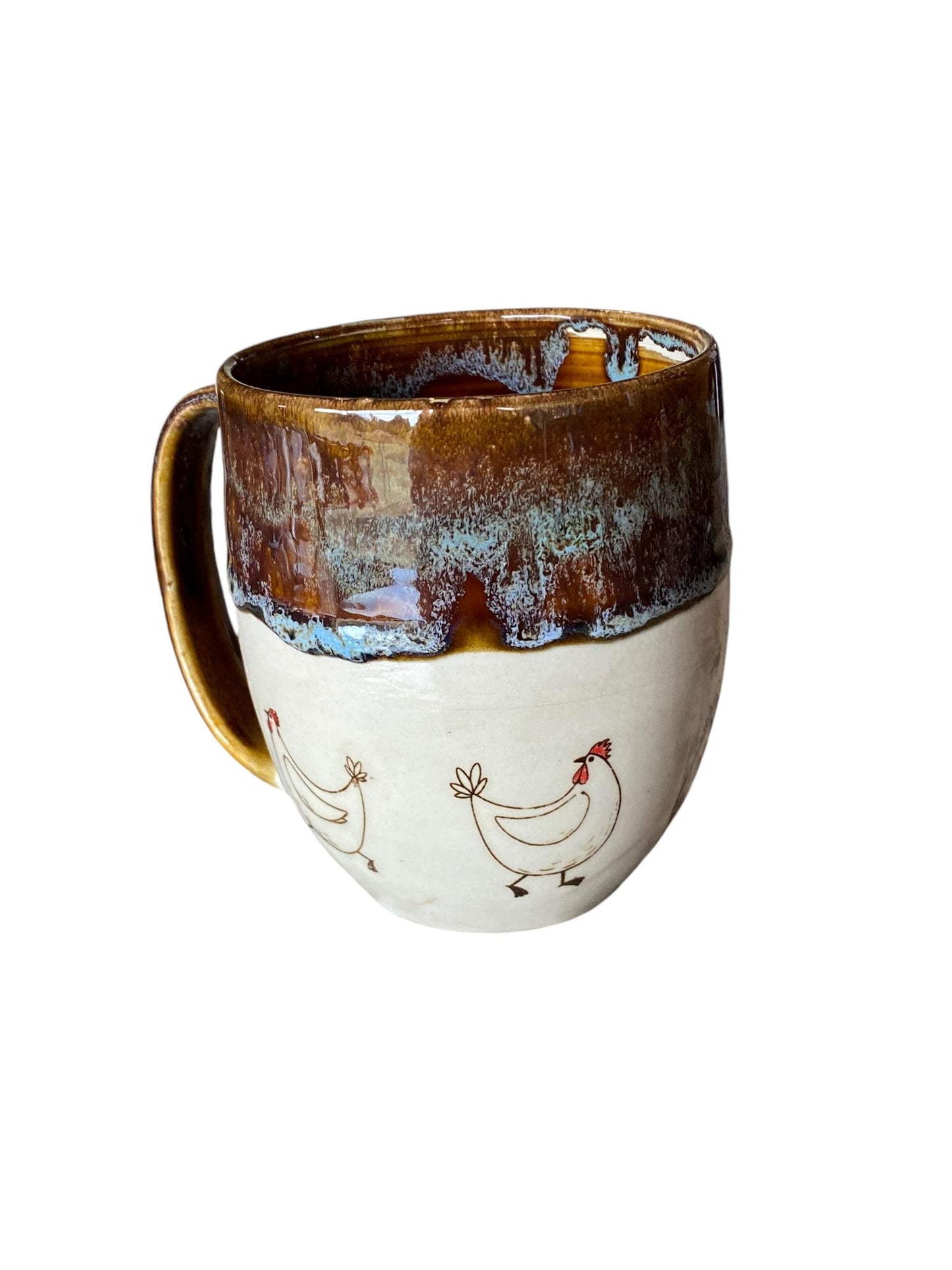 Large Handmade Mug with Playful Chickens - 18 ounce  - Unique Pottery Coffee Mug