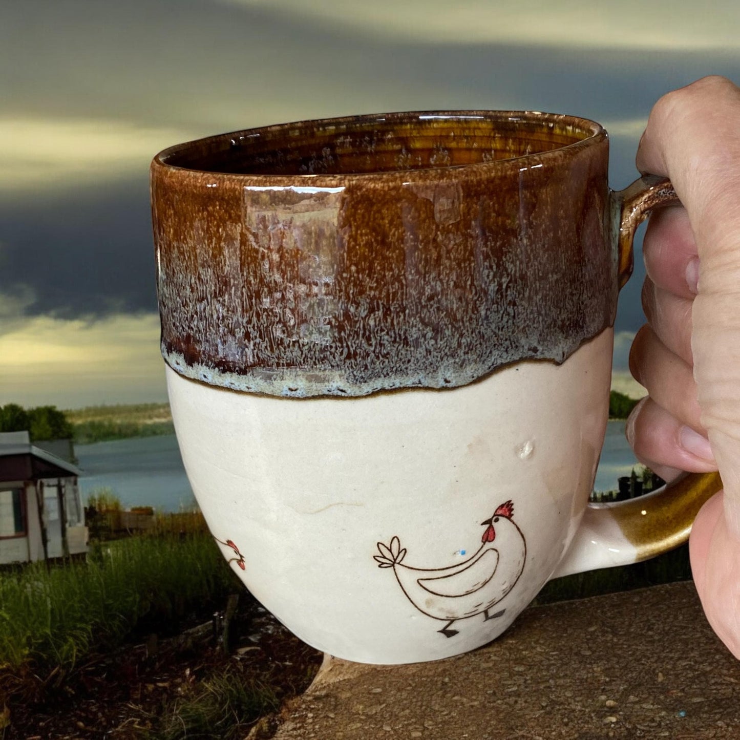 Large Handmade Mug with Playful Chickens - 18 ounce  - Unique Pottery Coffee Mug