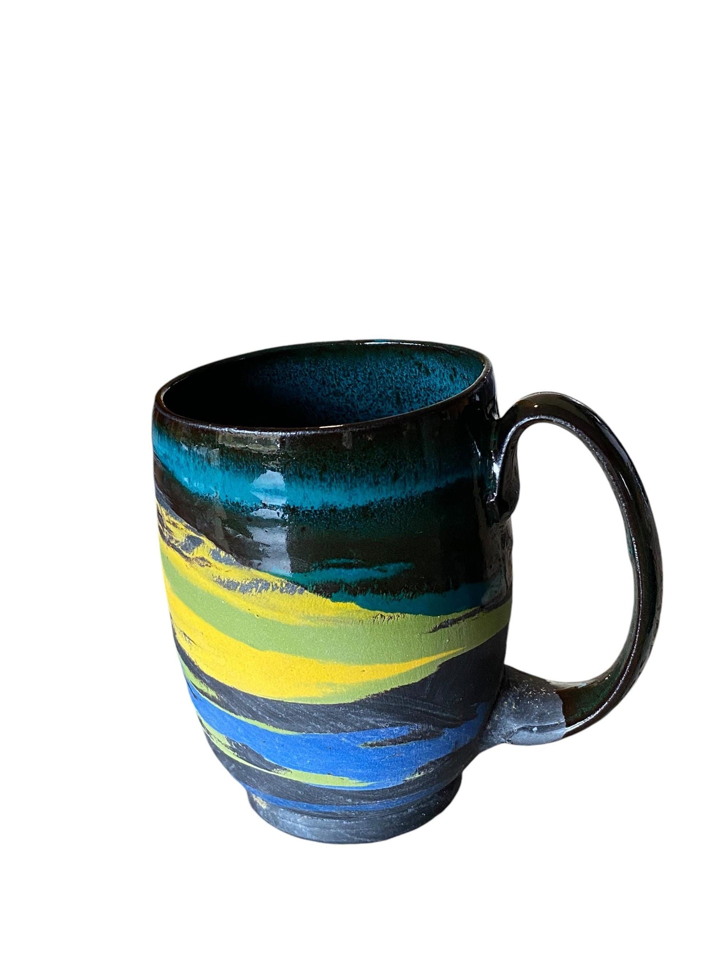 Large Handmade Turquoise, Blue, and Yellow 16 Ounce Agateware Mug  - Unique Pottery Coffee Mug