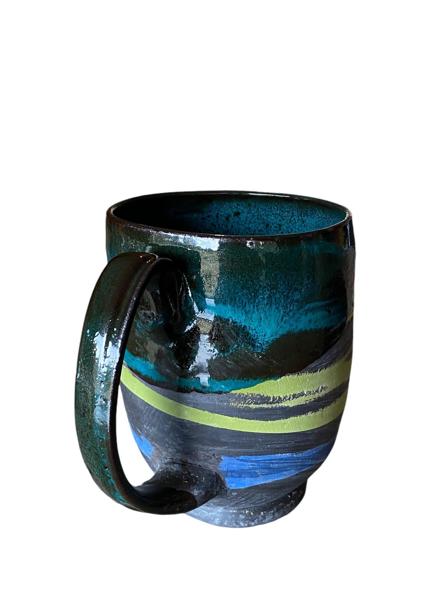 Large Handmade Turquoise, Blue, and Yellow 16 Ounce Agateware Mug  - Unique Pottery Coffee Mug