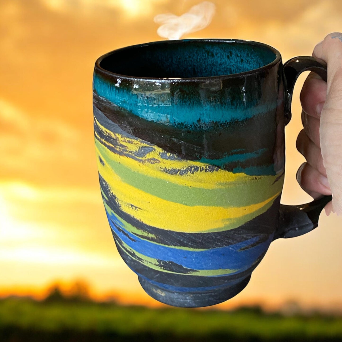 Large Handmade Turquoise, Blue, and Yellow 16 Ounce Agateware Mug  - Unique Pottery Coffee Mug