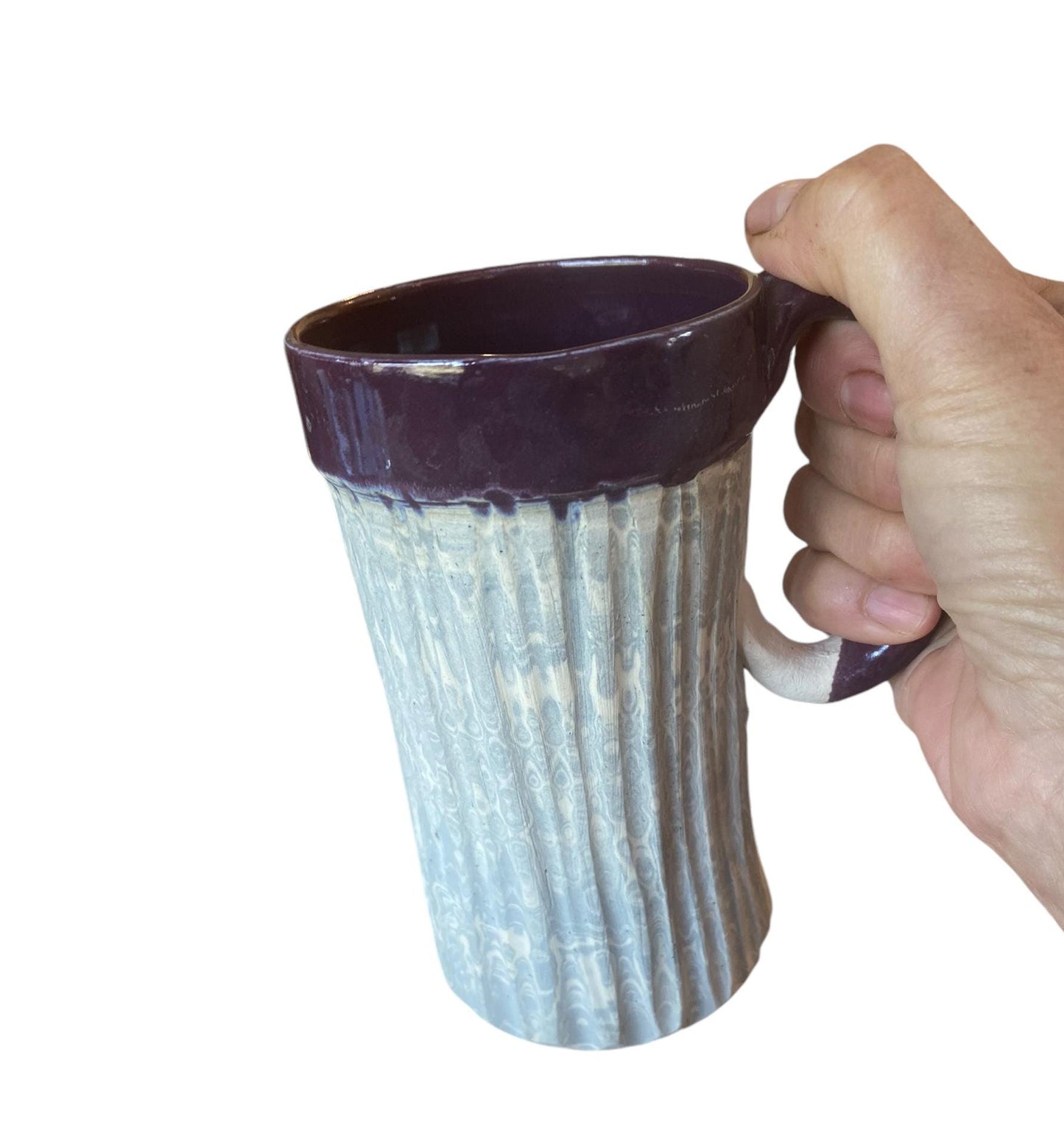 Large Handmade Agateware Mug Framed in a Lavender Glaze - Gray and White Marbled Mug - Unique Pottery Coffee Mug