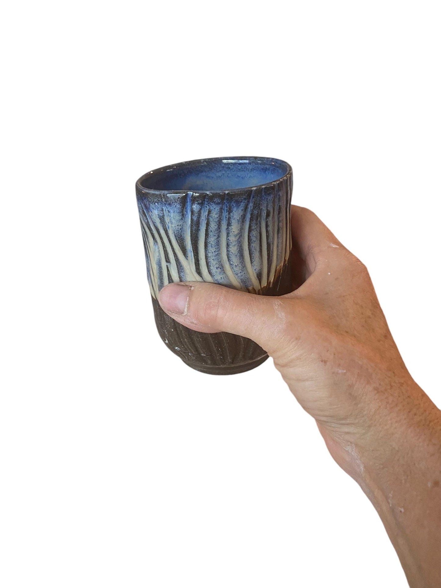 Agateware Carved Handless Mug in Blues and Browns - 12 Ounce Handmade Pottery Mug-