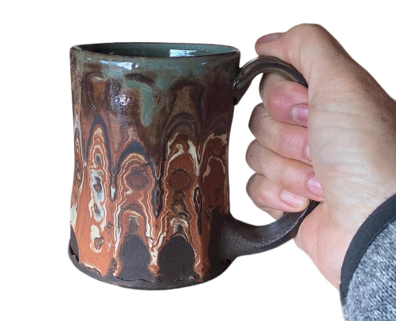 Red and Black Carved Agateware 14-Ounce Coffee or Tea Mug Framed in a Sage Glaze - Handcrafted Pottery Mug