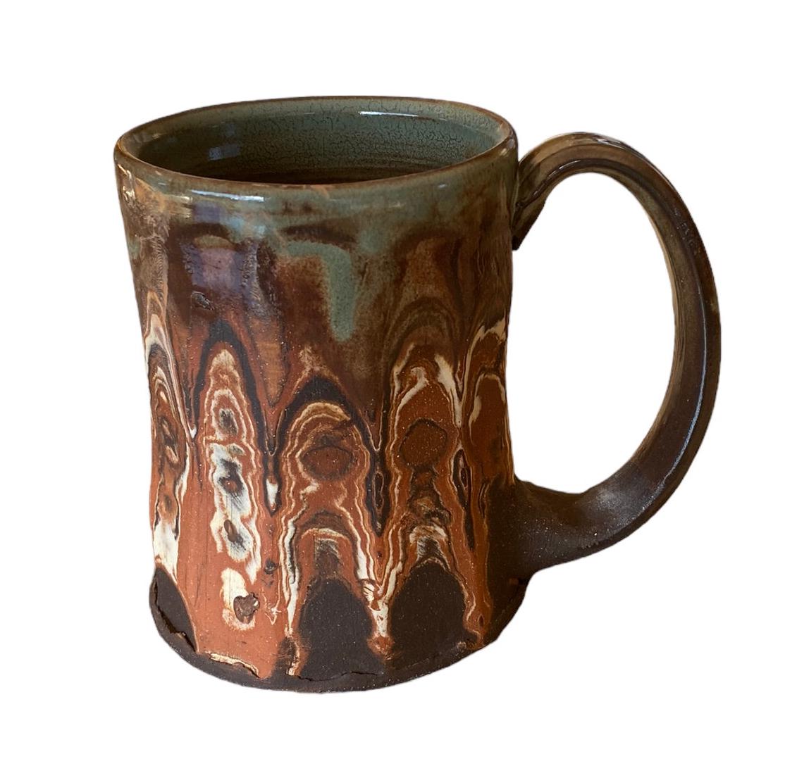 Red and Black Carved Agateware 14-Ounce Coffee or Tea Mug Framed in a Sage Glaze - Handcrafted Pottery Mug