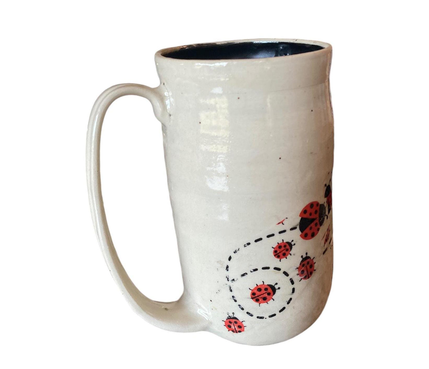 Large Handmade 16-Ounce Pottery Mug Decorated with Playful Ladybugs - Unique Coffee Mug