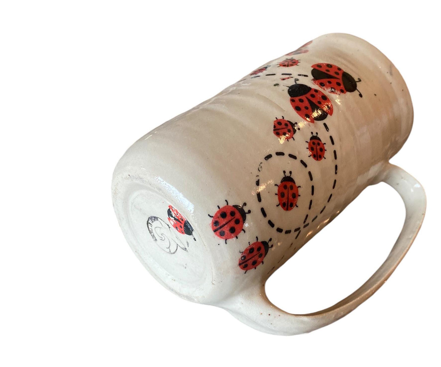 Large Handmade 16-Ounce Pottery Mug Decorated with Playful Ladybugs - Unique Coffee Mug