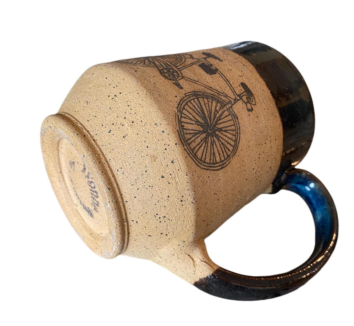 Large 16-Ounce Mug with Speckled Brown Clay, Bike Design, and Blue Glaze