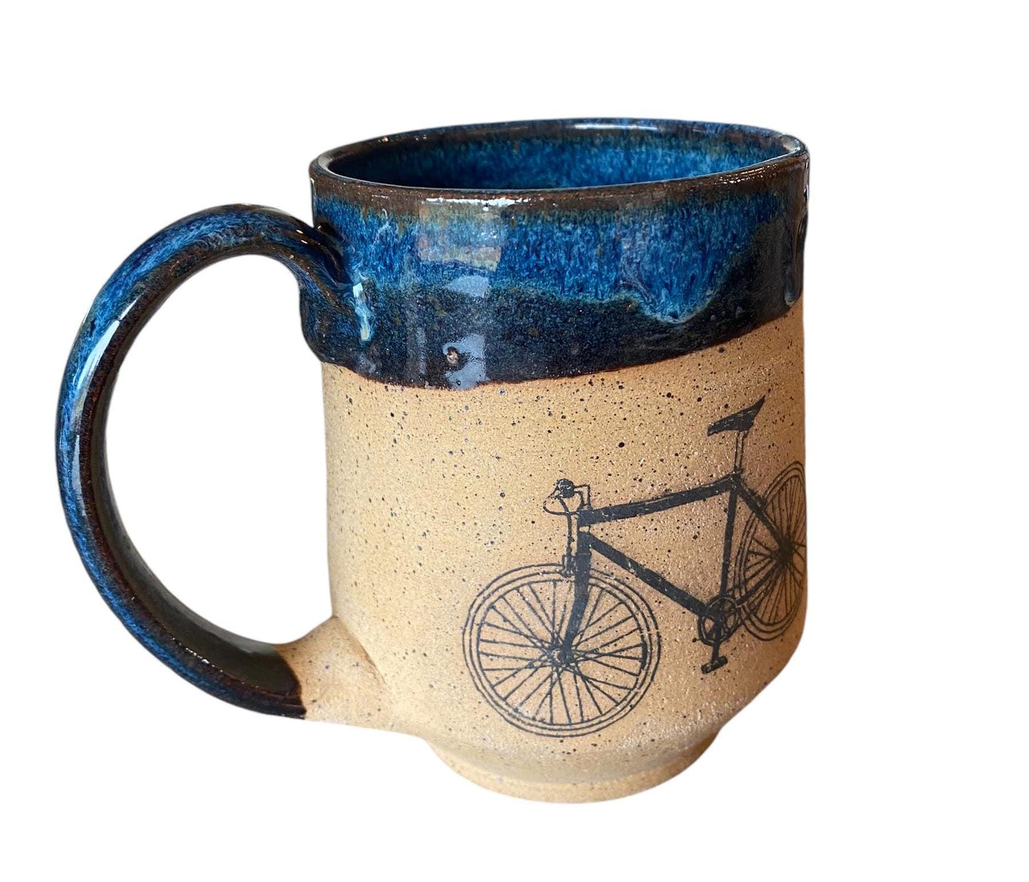 Large 16-Ounce Mug with Speckled Brown Clay, Bike Design, and Blue Glaze