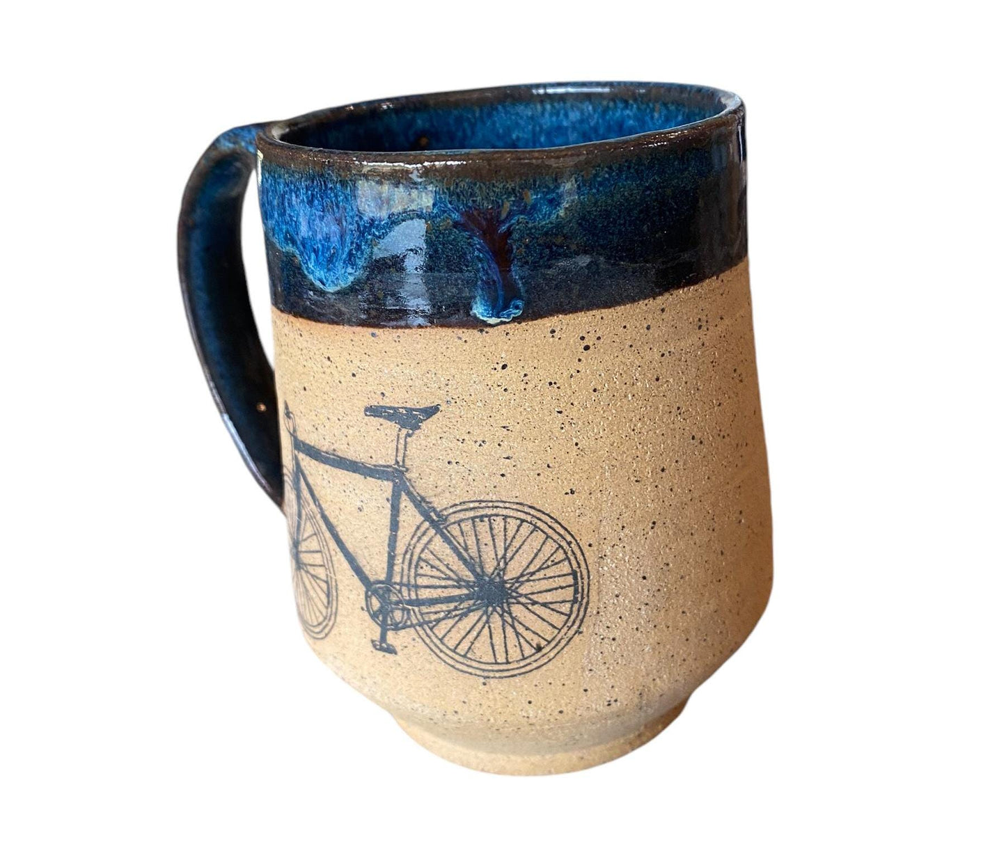 Large 16-Ounce Mug with Speckled Brown Clay, Bike Design, and Blue Glaze