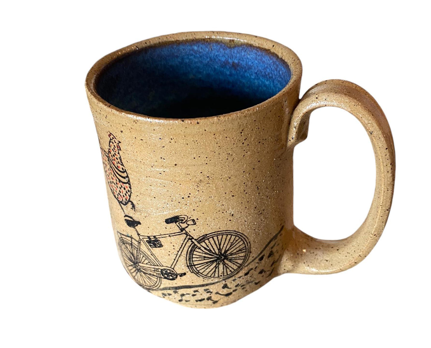 Large 16 Ounce Handmade Mug with A Chicken Riding a Bike - Unique Pottery Coffee Mug