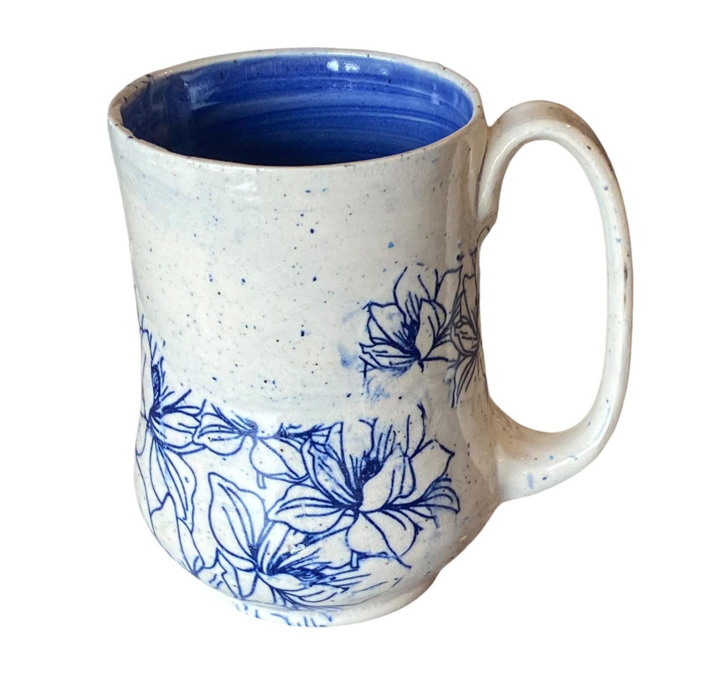 Large Handmade Mug with a Blue Flowers - 16 ounce  - Unique Pottery Coffee Mug