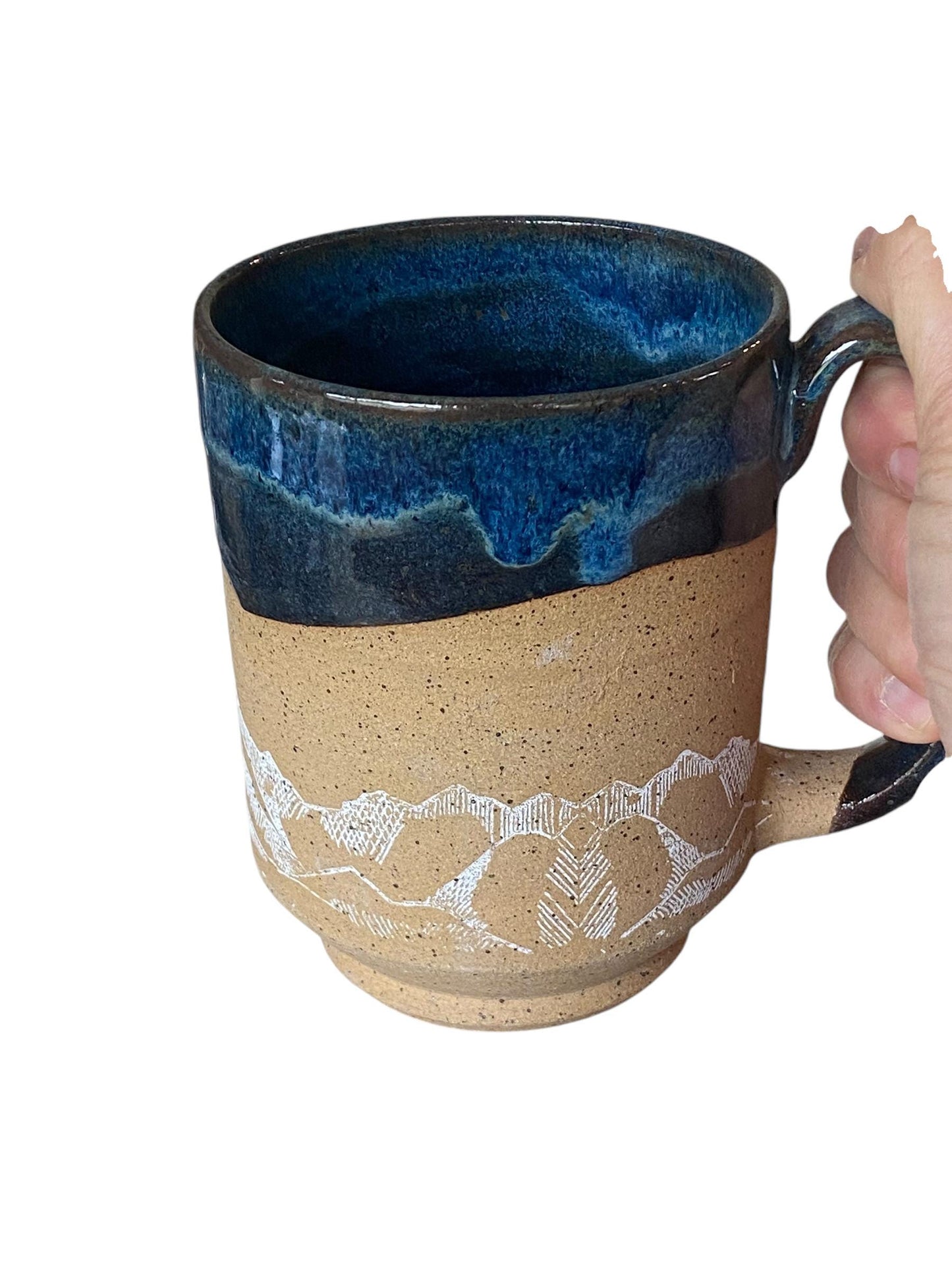 Large Handmade Mountain Mug - 16 Ounce Unique Pottery Coffee Mug with Reactive Blue Glaze