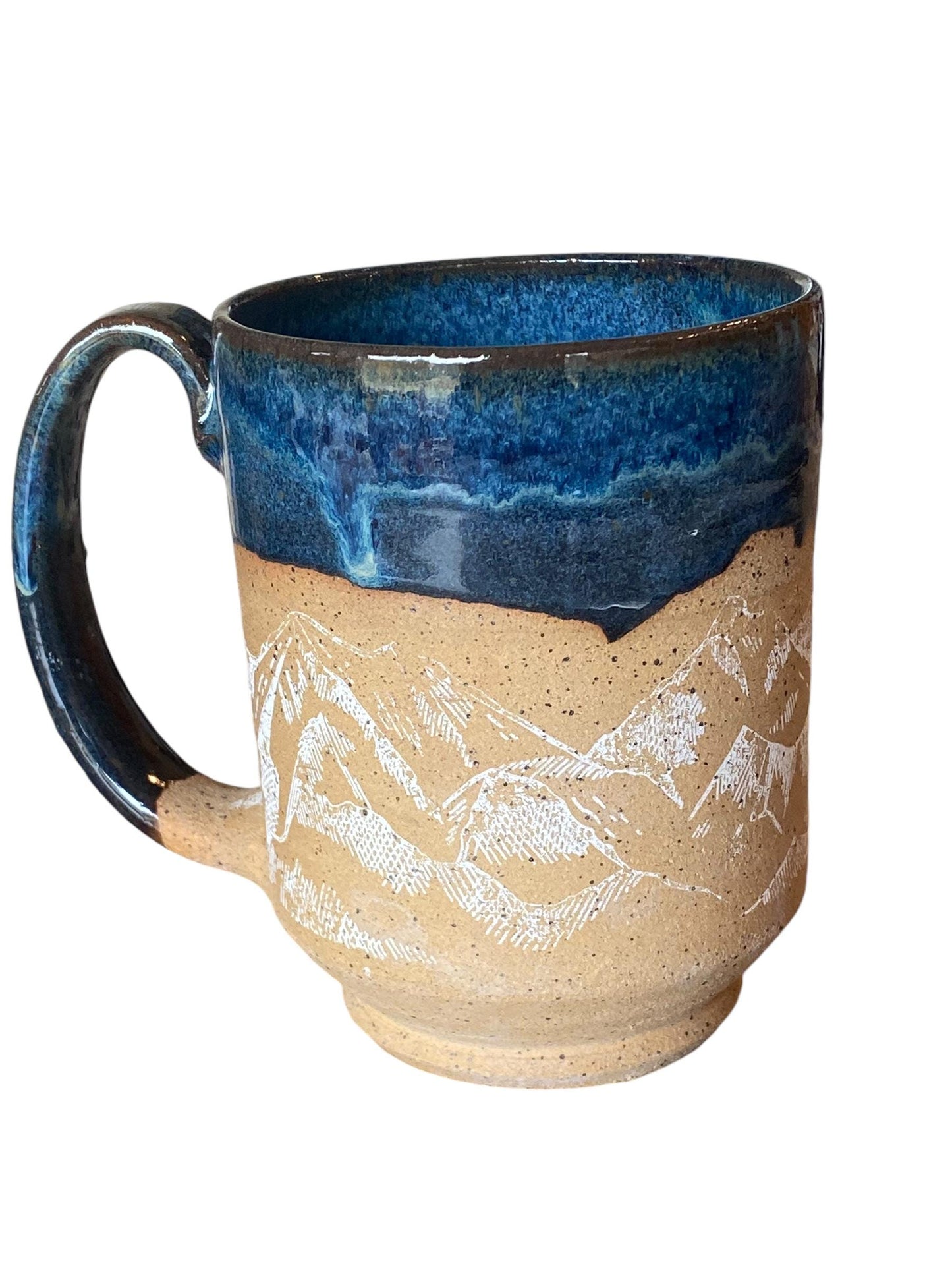 Large Handmade Mountain Mug - 16 Ounce Unique Pottery Coffee Mug with Reactive Blue Glaze