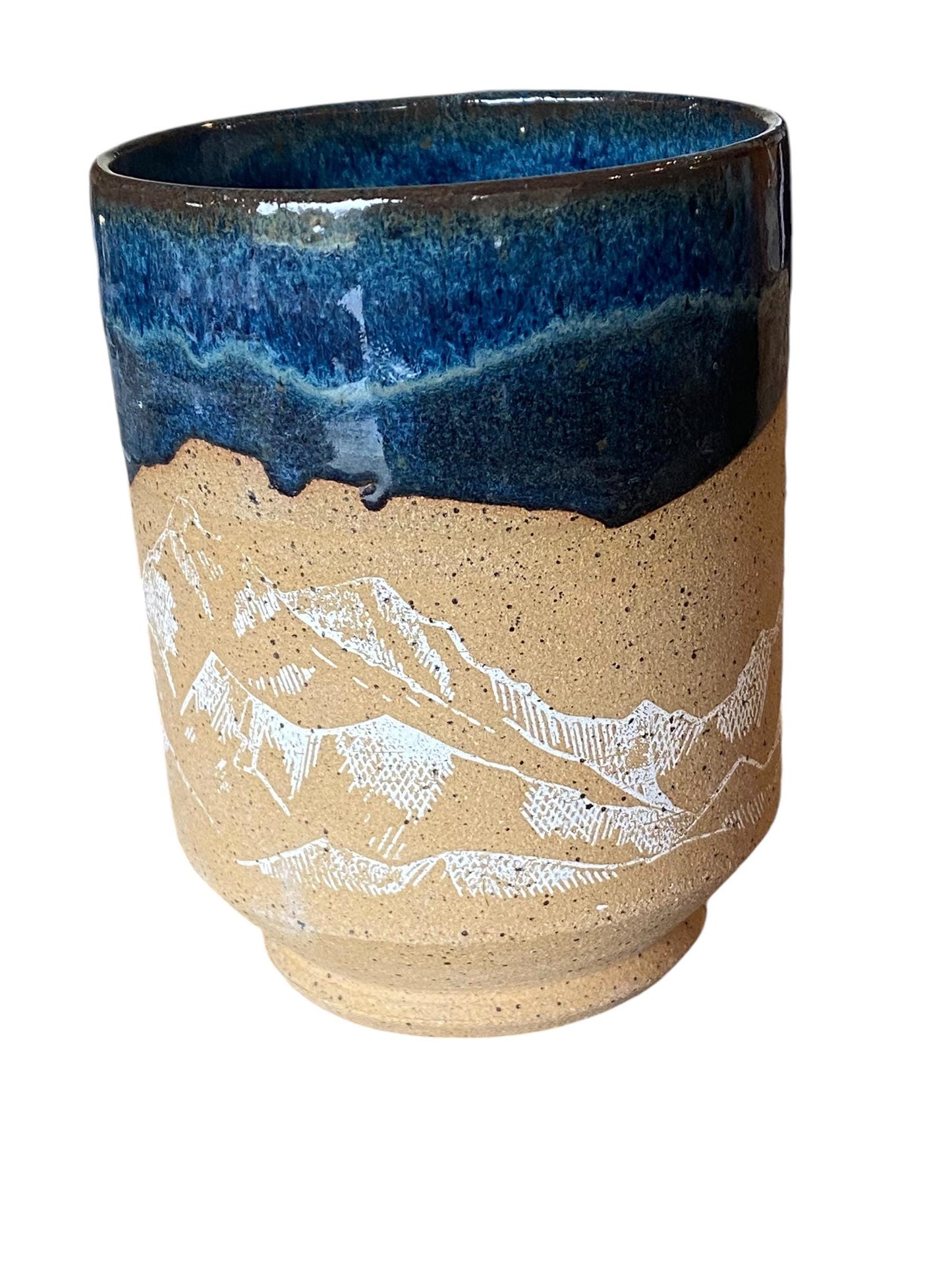 Large Handmade Mountain Mug - 16 Ounce Unique Pottery Coffee Mug with Reactive Blue Glaze