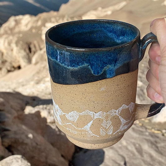 Large Handmade Mountain Mug - 16 Ounce Unique Pottery Coffee Mug with Reactive Blue Glaze