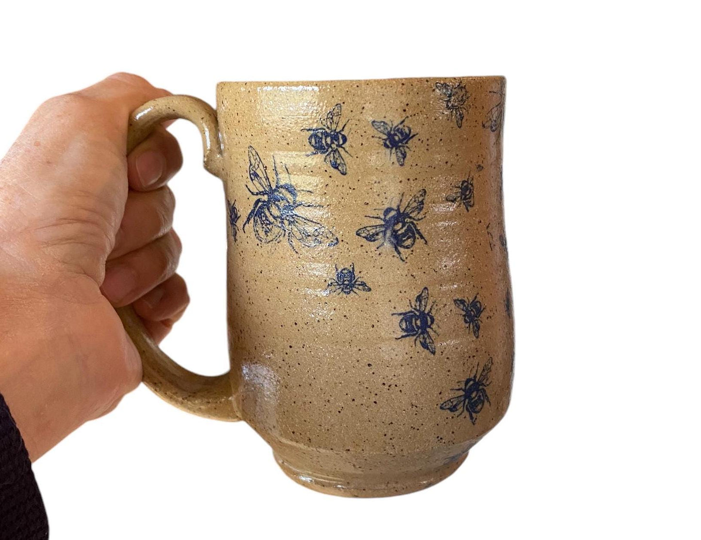 Large Handmade Mug with Bees  Framed by Blue Glaze - Unique Pottery Coffee Mug