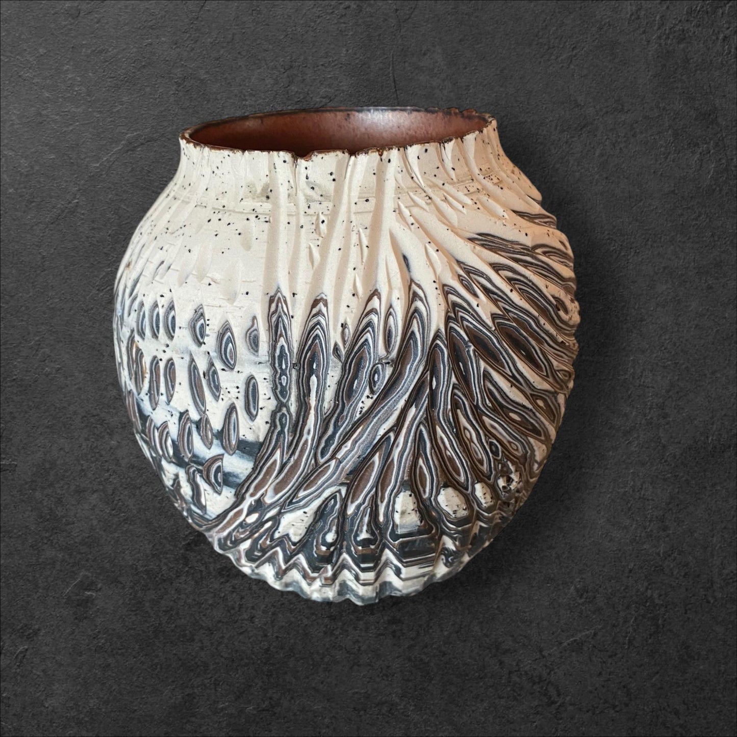 Large Hand-Thrown Carved Agateware Vase - Glazed in Copper