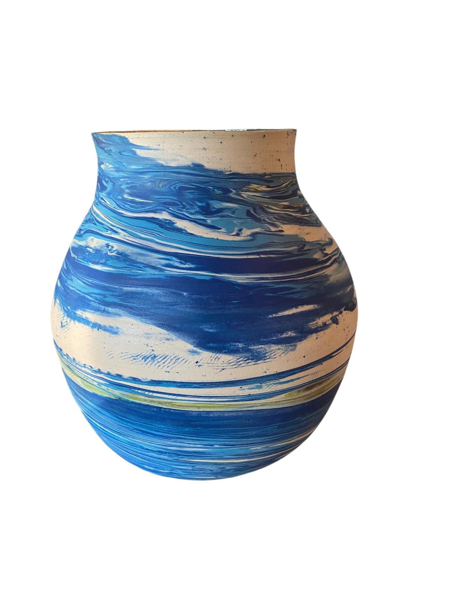 Extra Large Handcrafted Agateware Vase: Turquoise Exterior, Reactive Glazed Interior
