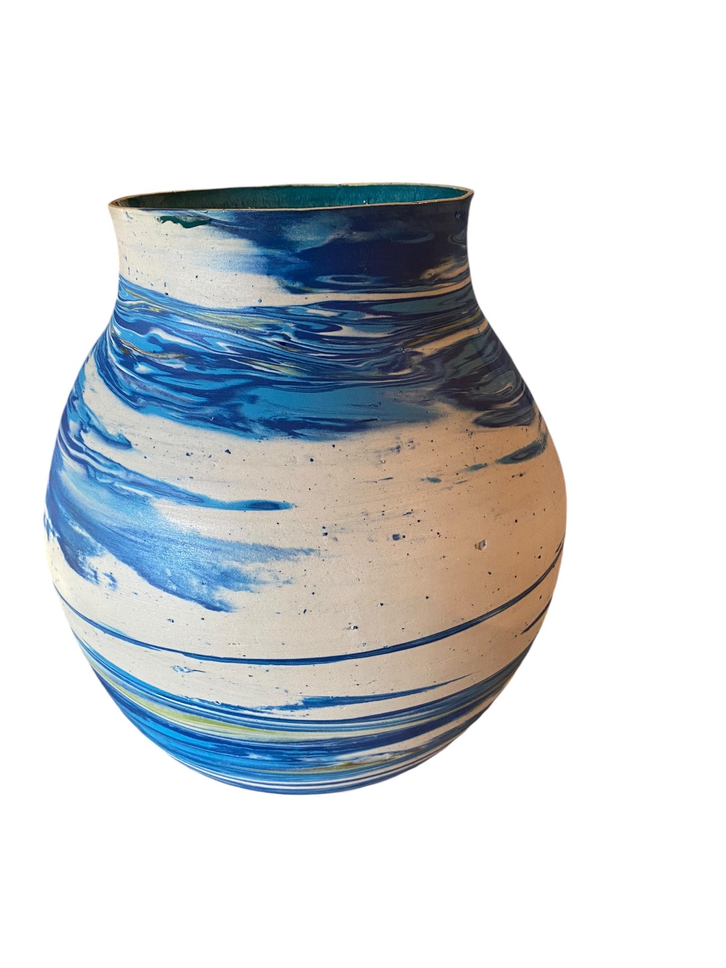 Extra Large Hand-Thrown Carved Agateware Turquoise Vase With The Interior Glazed Reactive Turquoise