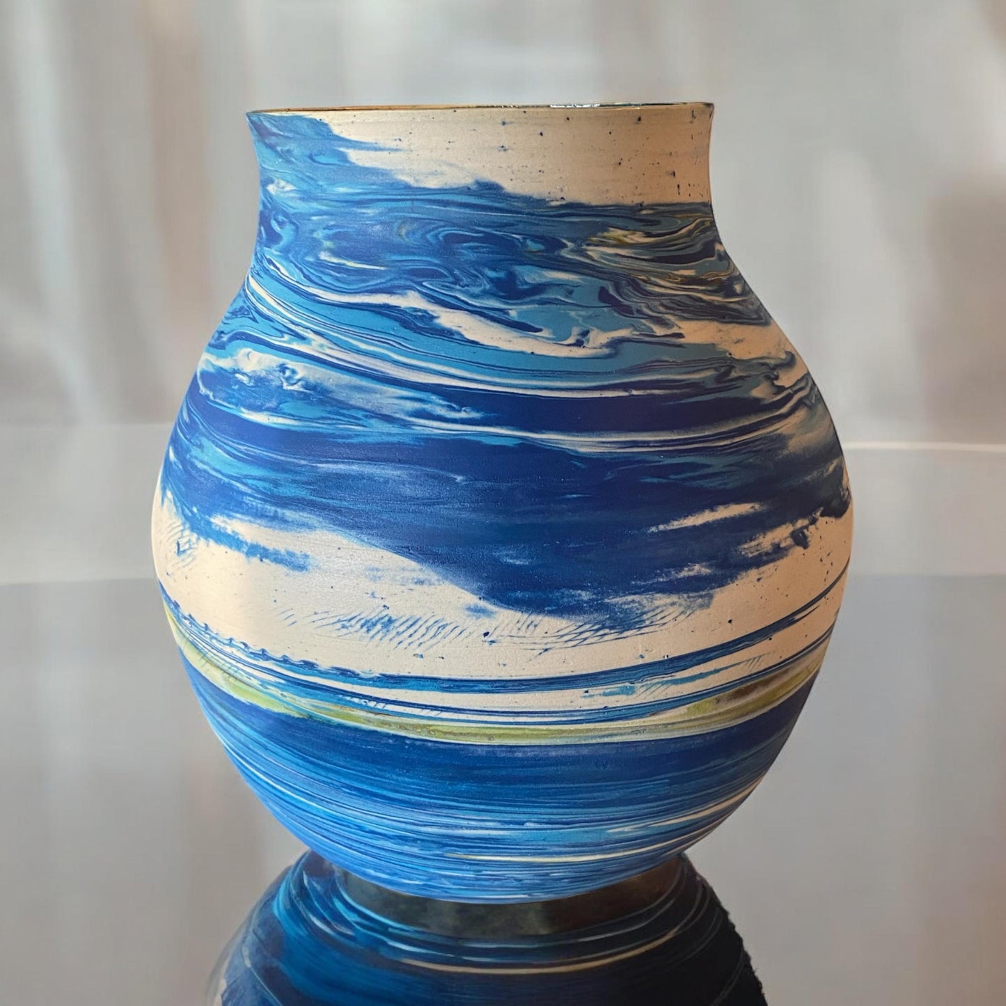 Extra Large Hand-Thrown Carved Agateware Turquoise Vase With The Interior Glazed Reactive Turquoise