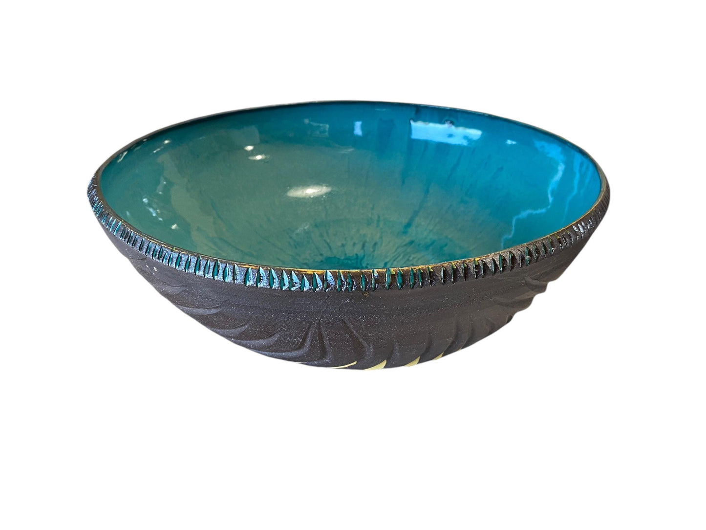 Large Handmade Agateware Pottery Serving Bowl - Blue Interior Stoneware for Kitchen Dining