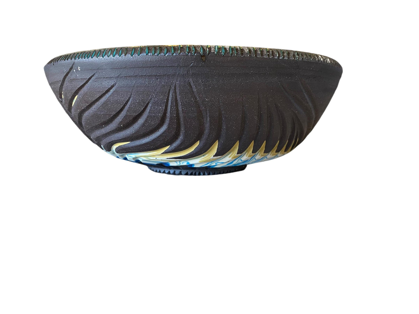 Agateware Pottery Serving Bowl: Large Handmade Stoneware, Blue Interior