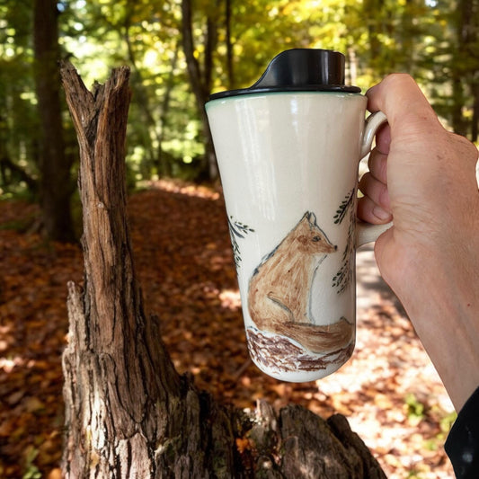 Handmade Handpainted Travel Mug with  Red Fox -  Mug - Pottery Mug -  Coffee Mug