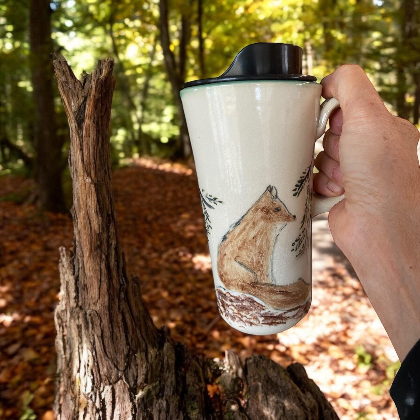 Handmade Handpainted Travel Mug with  Red Fox -  Mug - Pottery Mug -  Coffee Mug